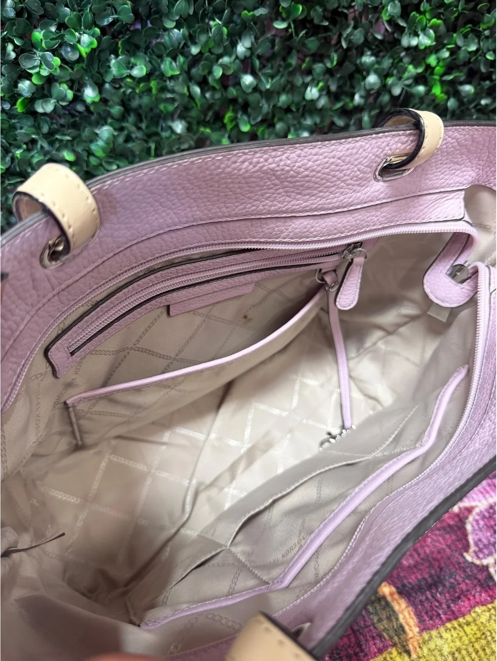 Michael Kors Lavender Leather Tote Bag with Beige Straps